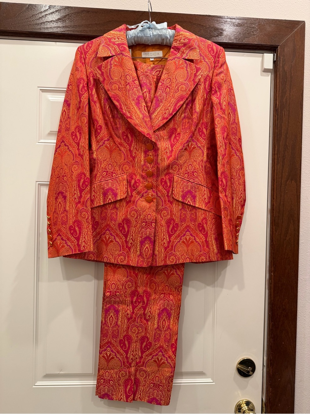 Escada Vintage Pink, Gold and Orange Paisley Suit, 100% Silk, Size 40 NWOT